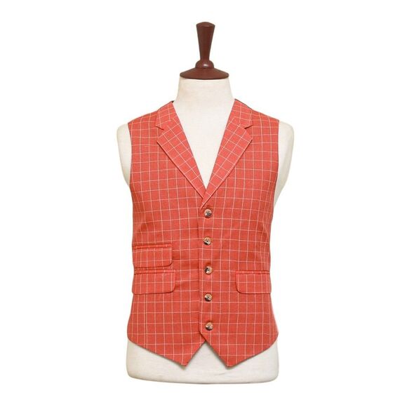 Mens Vest 44R Orange Beige Check Waistcoat XL Formal Wedding Prom Party Groom - Picture 1 of 9